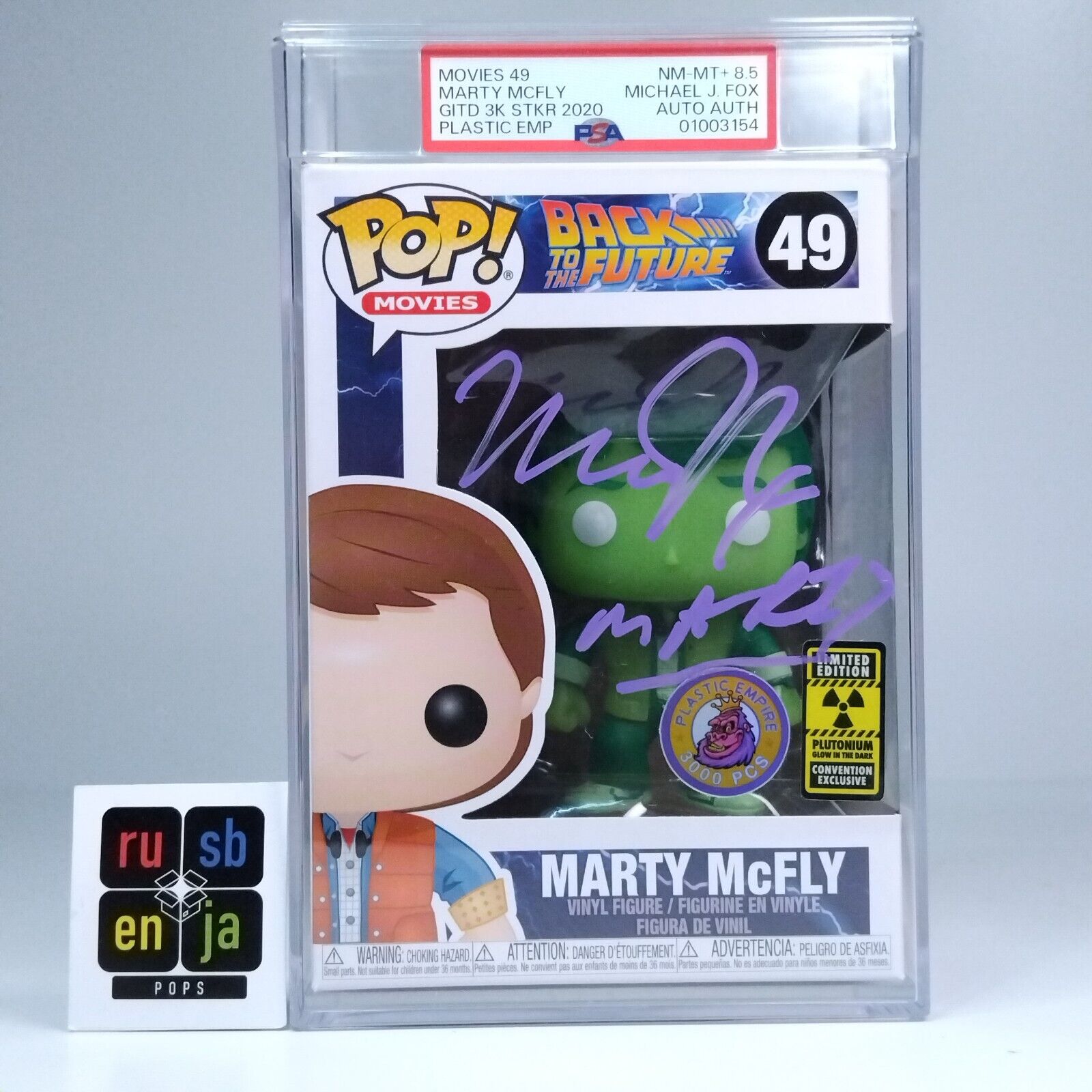Funko Pop! Back to Future Marty Glow Plutonium Signed Michael J Fox PSA 8.5 #49