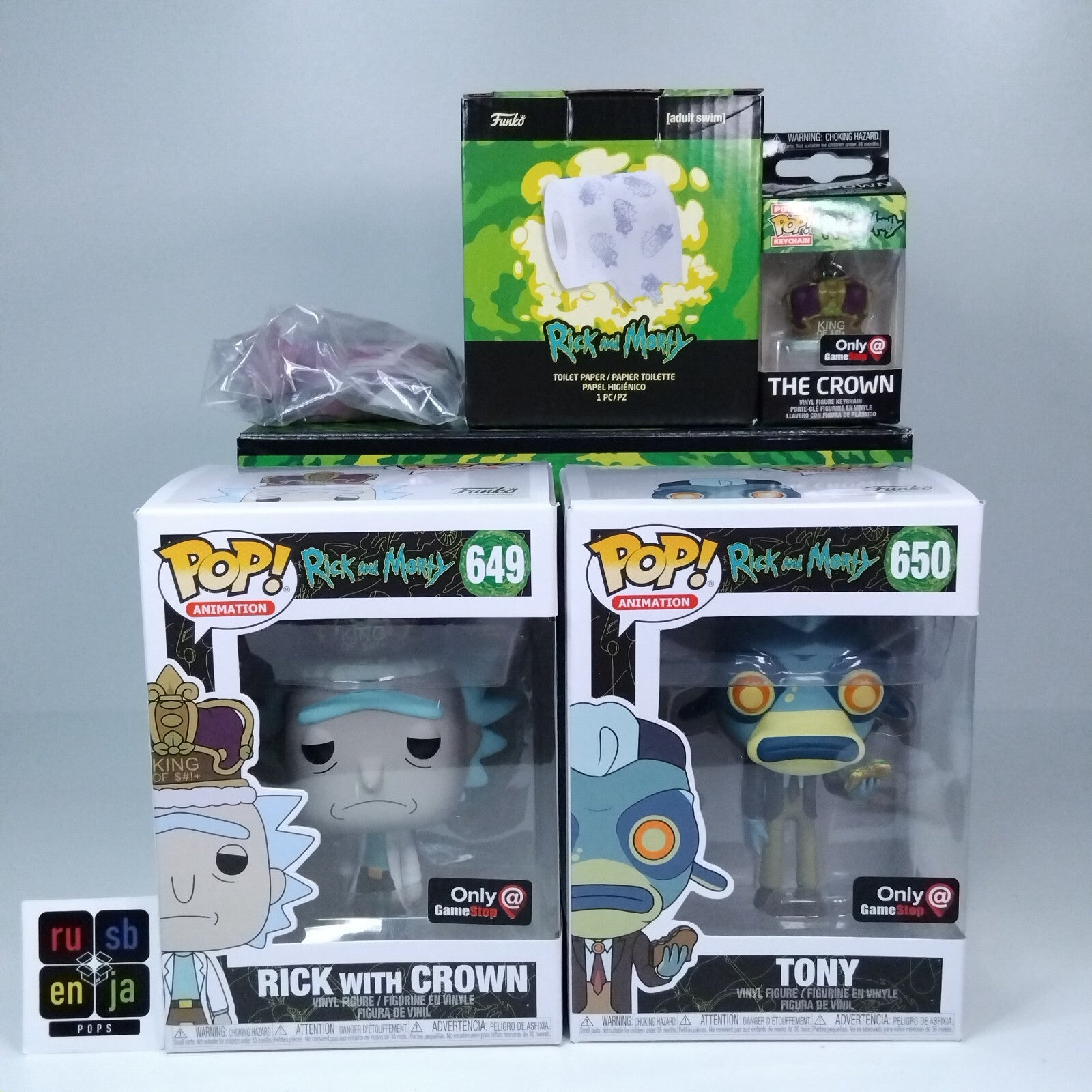 Funko Pop! Animation Rick and Morty - Gamestop Tony #650 & Rick with Crown #649
