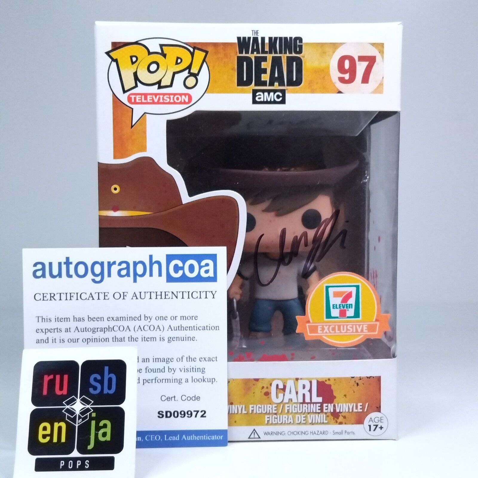 Funko Pop! TV TWD Carl Grimes Bloody 7 Eleven Signed Chandler Riggs COA #97