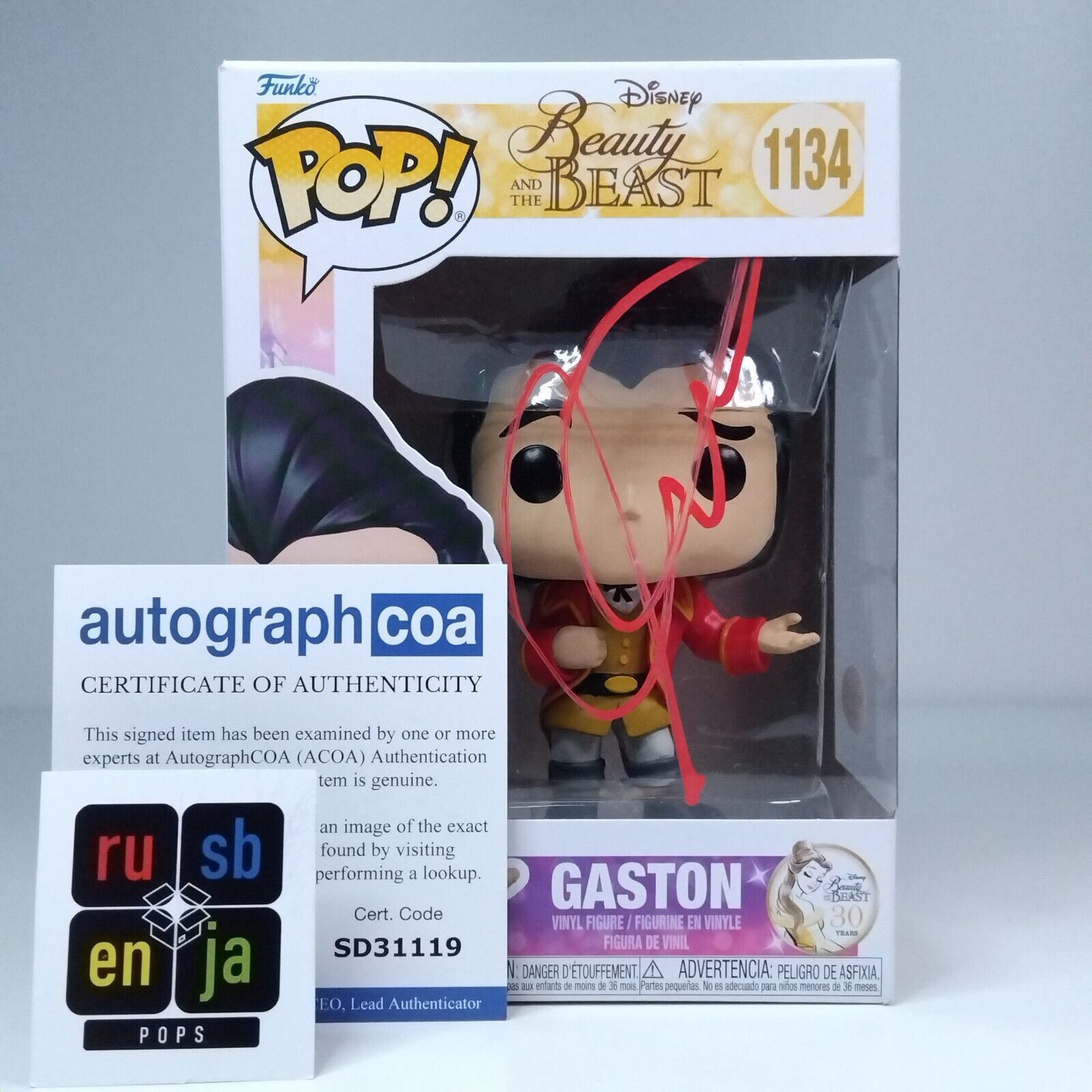 Funko Pop! Disney Beauty and the Beast Gaston Signed Luke Evans COA #1134 WS