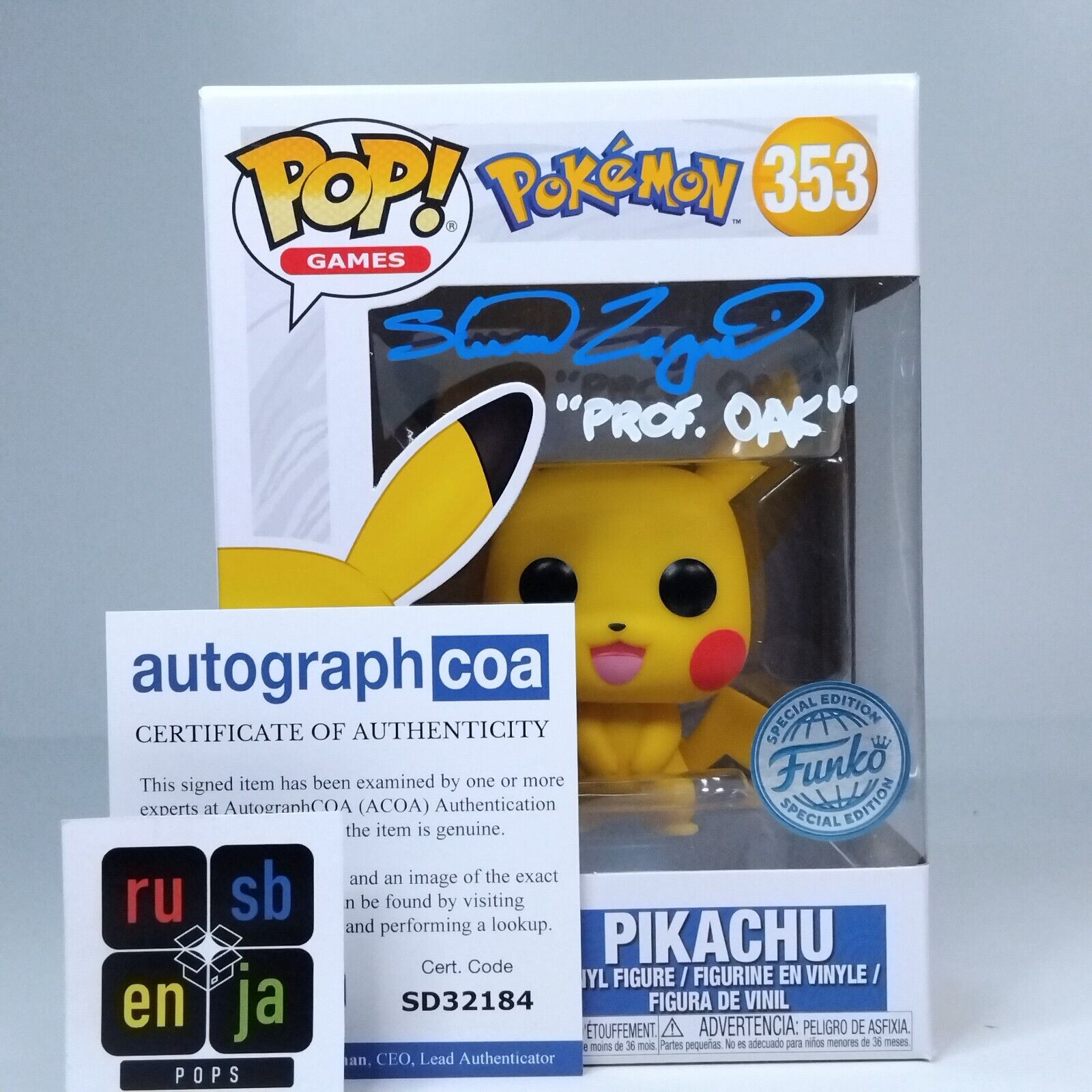 Funko Pop! Games Pokemon Pikachu Signed Professor Oak Stuart Zagnit COA #353