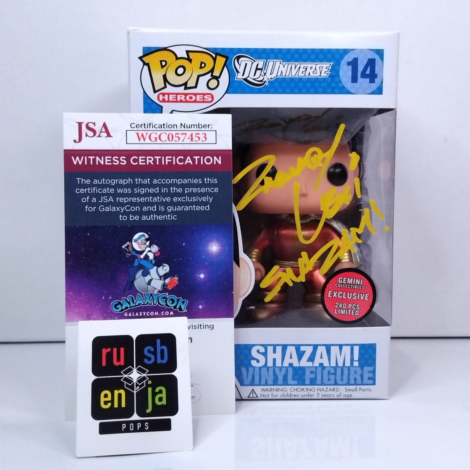 Funko Pop! DC Heroes Universe Shazam Metallic Signed Zachary Levi COA #14