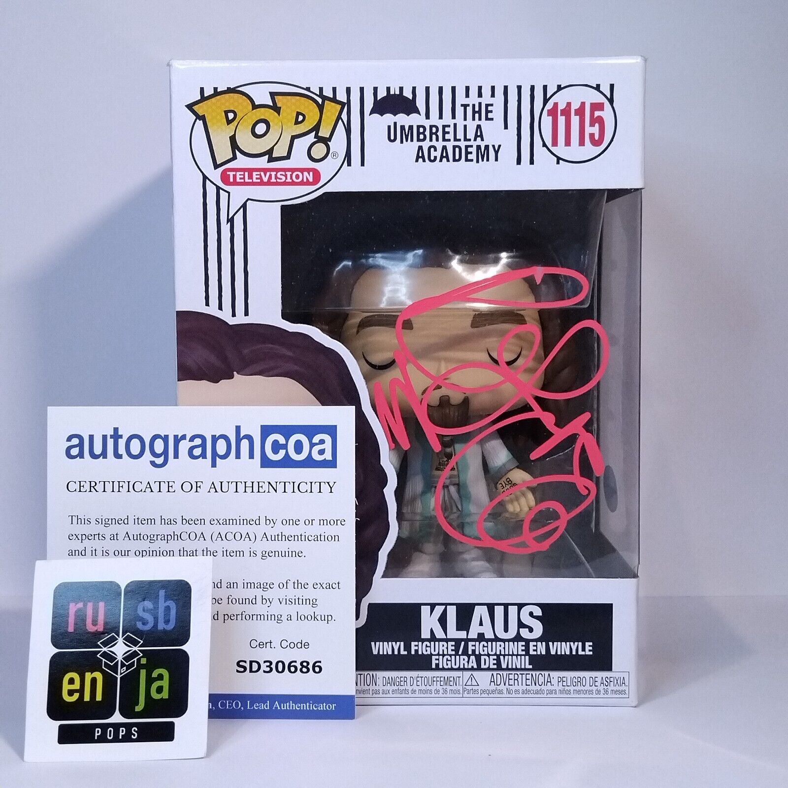 Funko Pop! TV The Umbrella Academy Klaus Signed Robert Sheehan COA #1115 WS