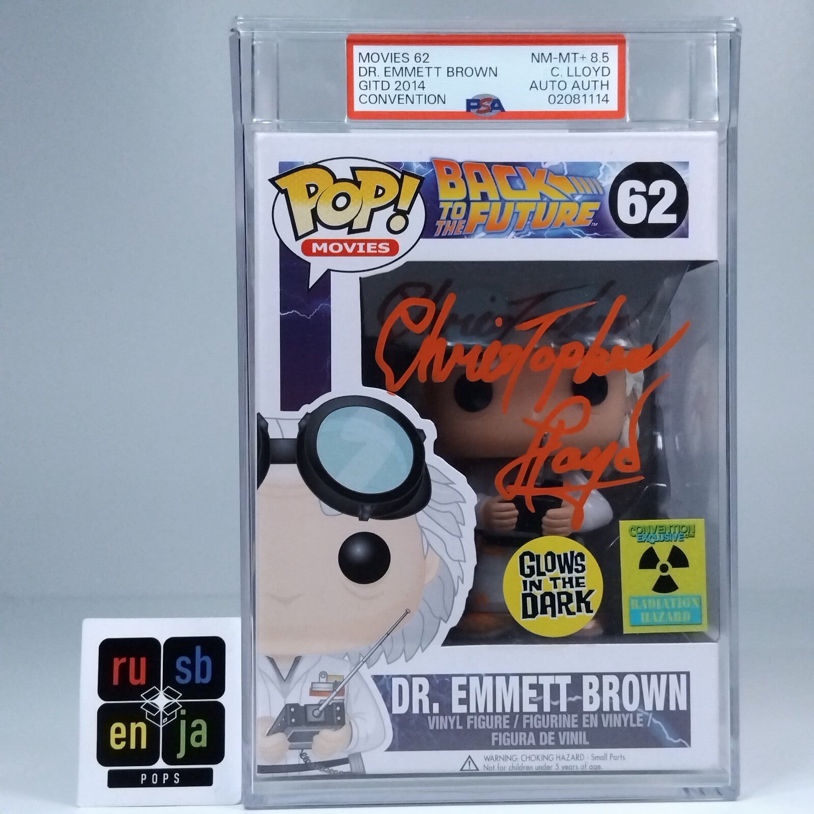 Funko Pop! Back Future Emmett Brown Glows Signed Christopher Lloyd PSA 8.5 #62