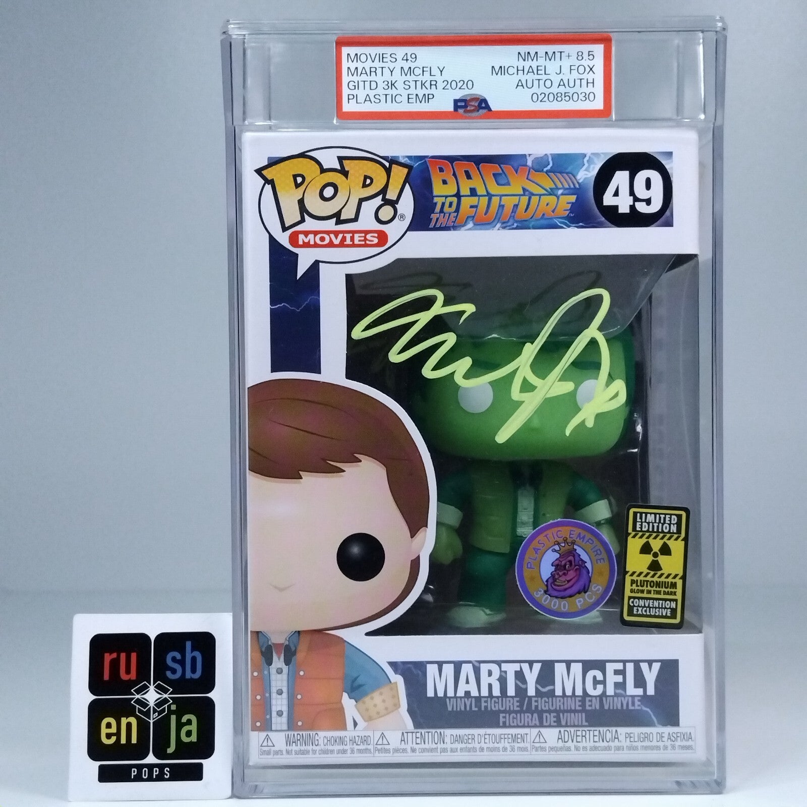 Funko Pop! Back to Future Marty Glow Plutonium Signed Michael J Fox PSA 8.5 #49