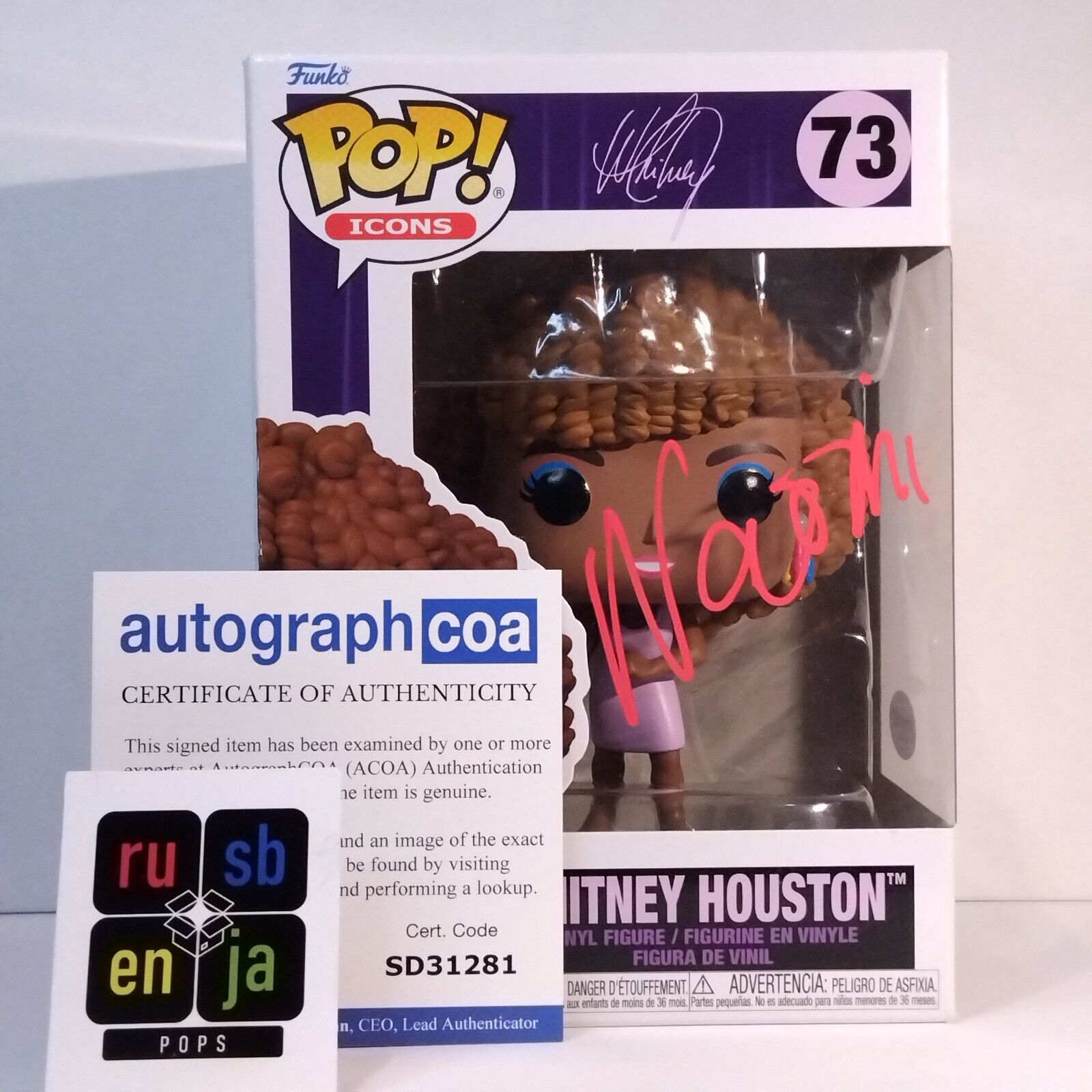 Funko Pop! Rocks Music Icons Whitney Houston Signed Naomi Ackie COA #73 WS