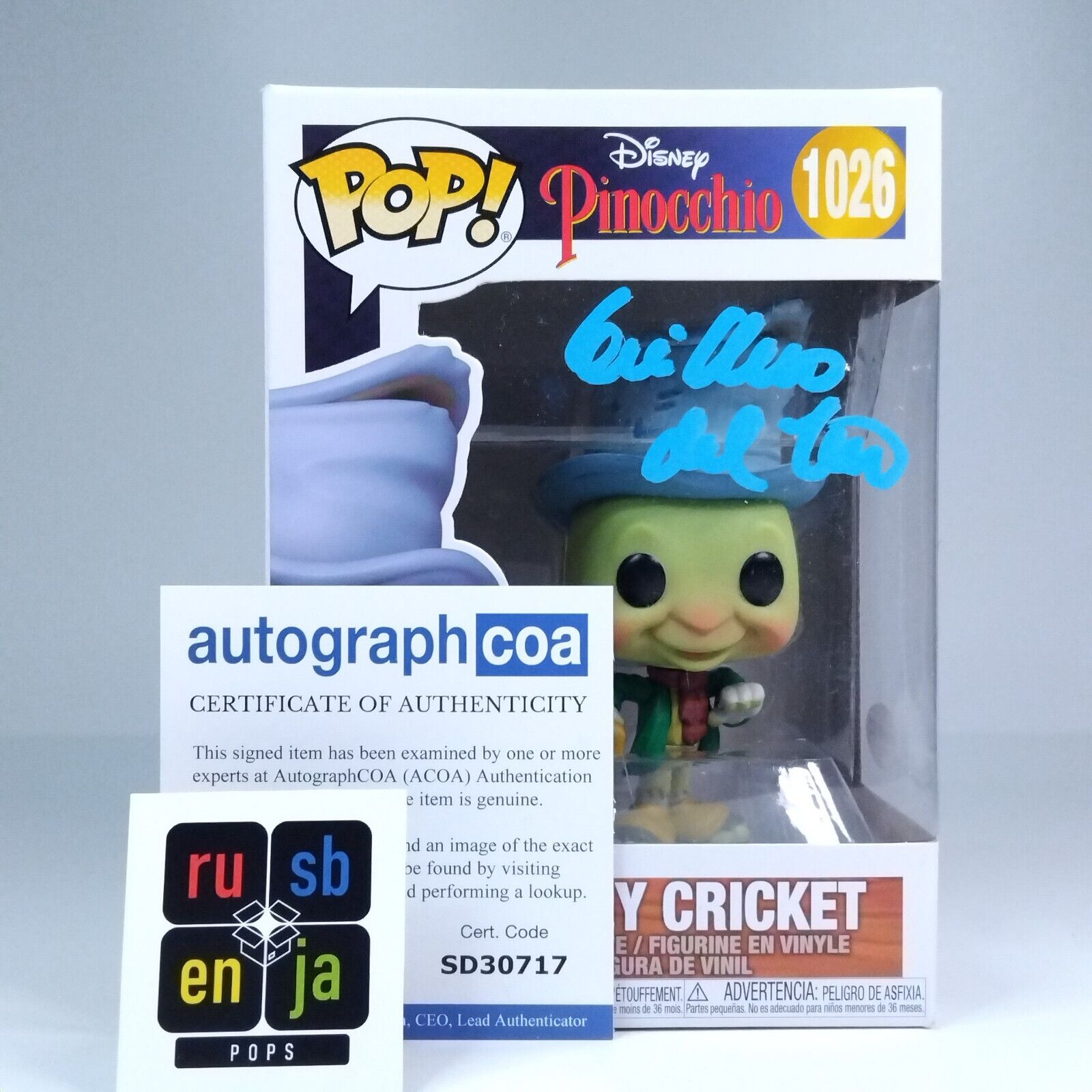 Funko Pop! Disney Pinocchio Jiminy Cricket Signed Guillermo Del Toro #1029 WS