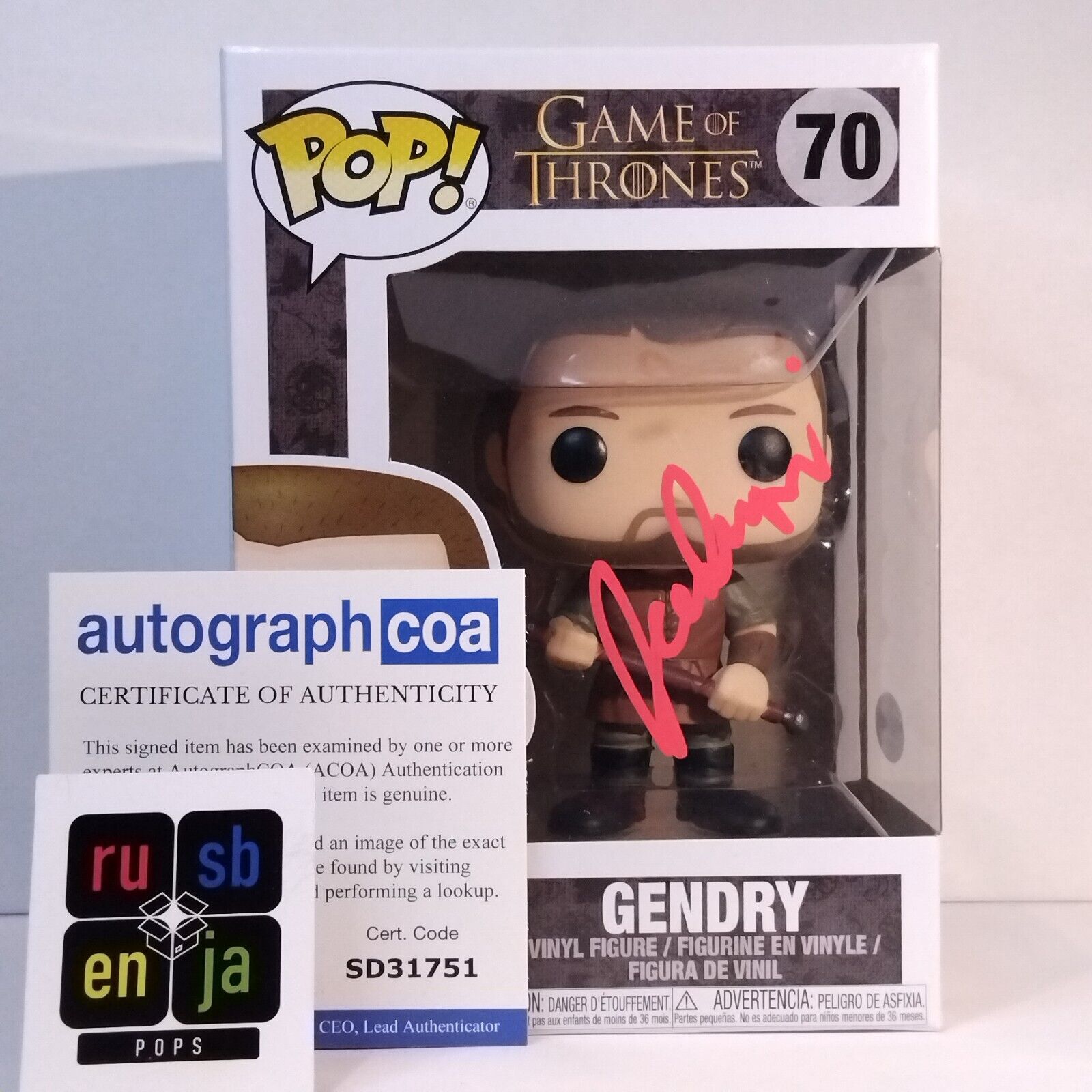 Funko Pop! TV Game of Thrones Gendry Signed Joe Dempsie COA #70 WS