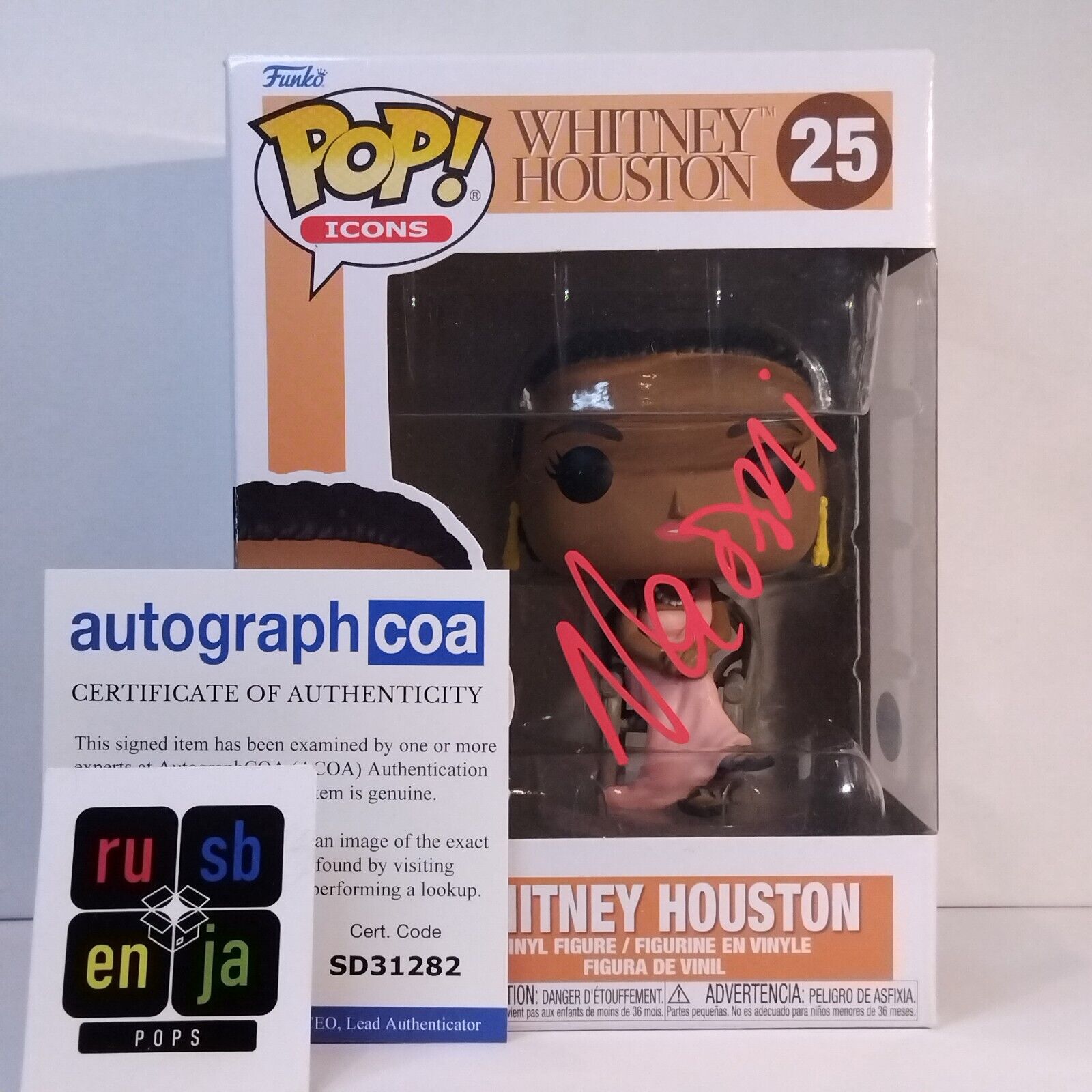 Funko Pop! Rocks Music Icons Whitney Houston Signed Naomi Ackie COA #25 WS