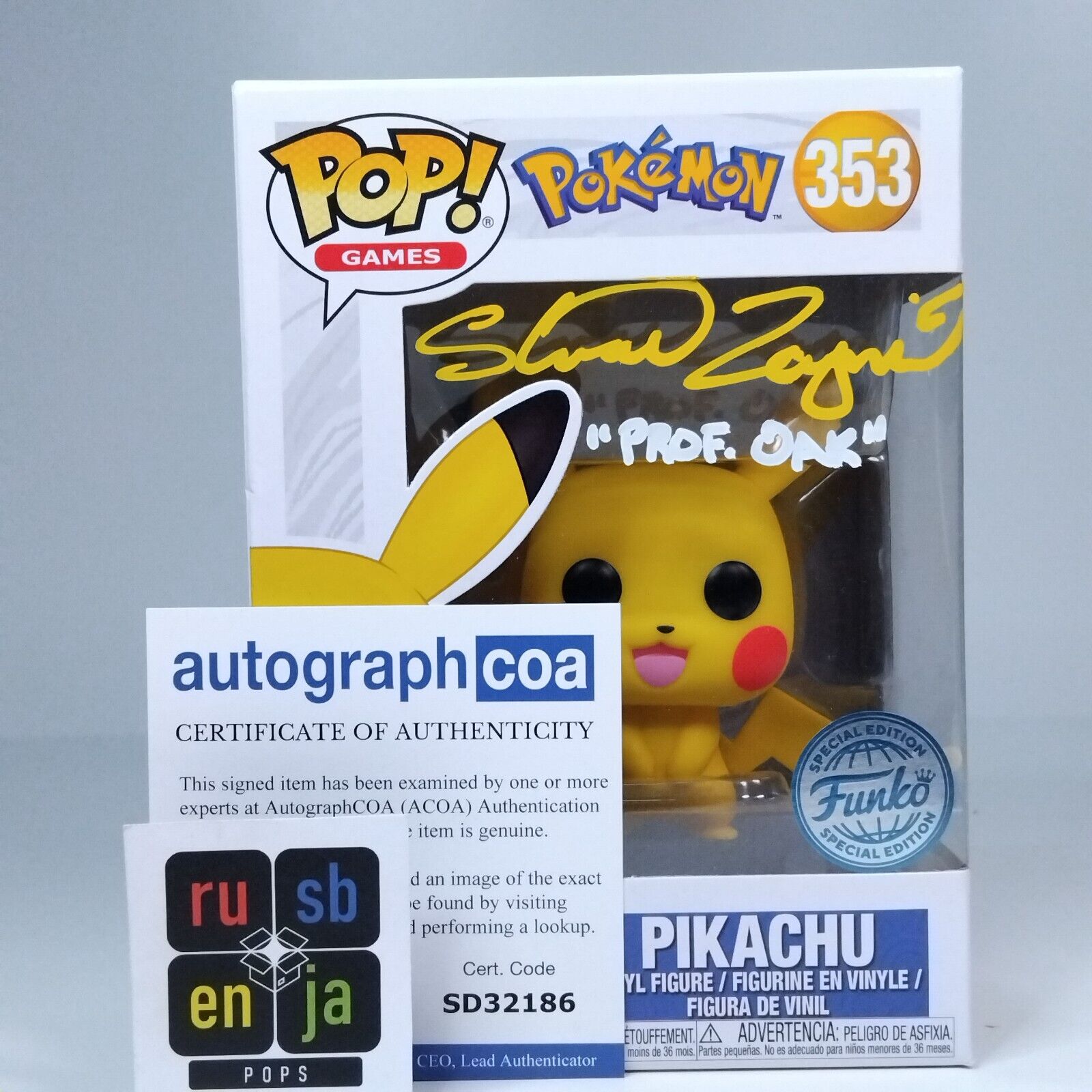 Funko Pop! Games Pokemon Pikachu Signed Professor Oak Stuart Zagnit COA #353