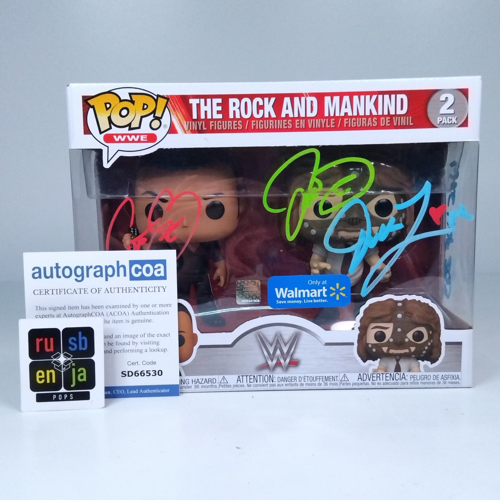 Funko Pop! WWE Rock & Mankind Triple Signed - Mankind Dude Love Catcus Jack COA