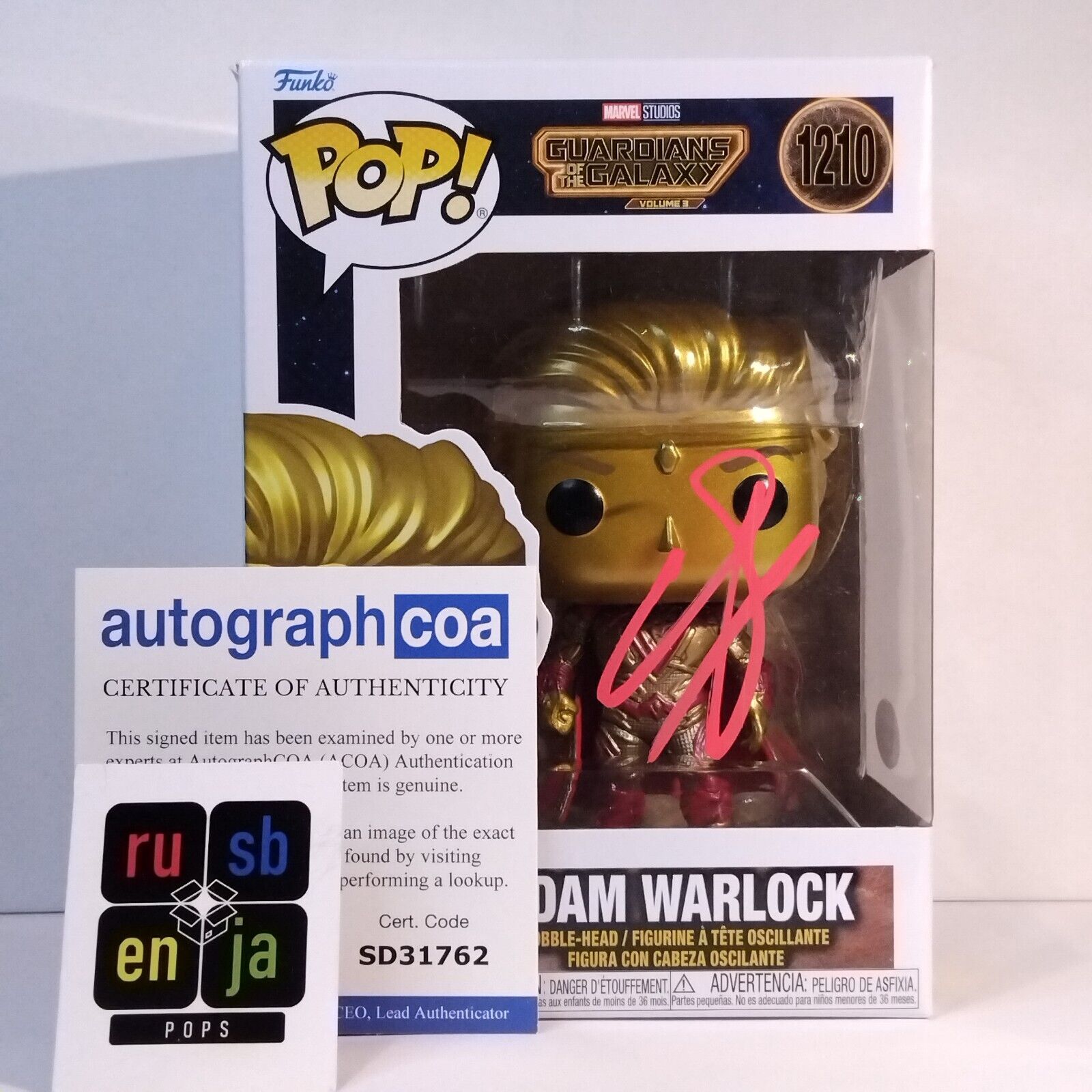 Funko Pop! Marvel Guardians Galaxy Adam Warlock Signed Will Poulter COA #1210 WS