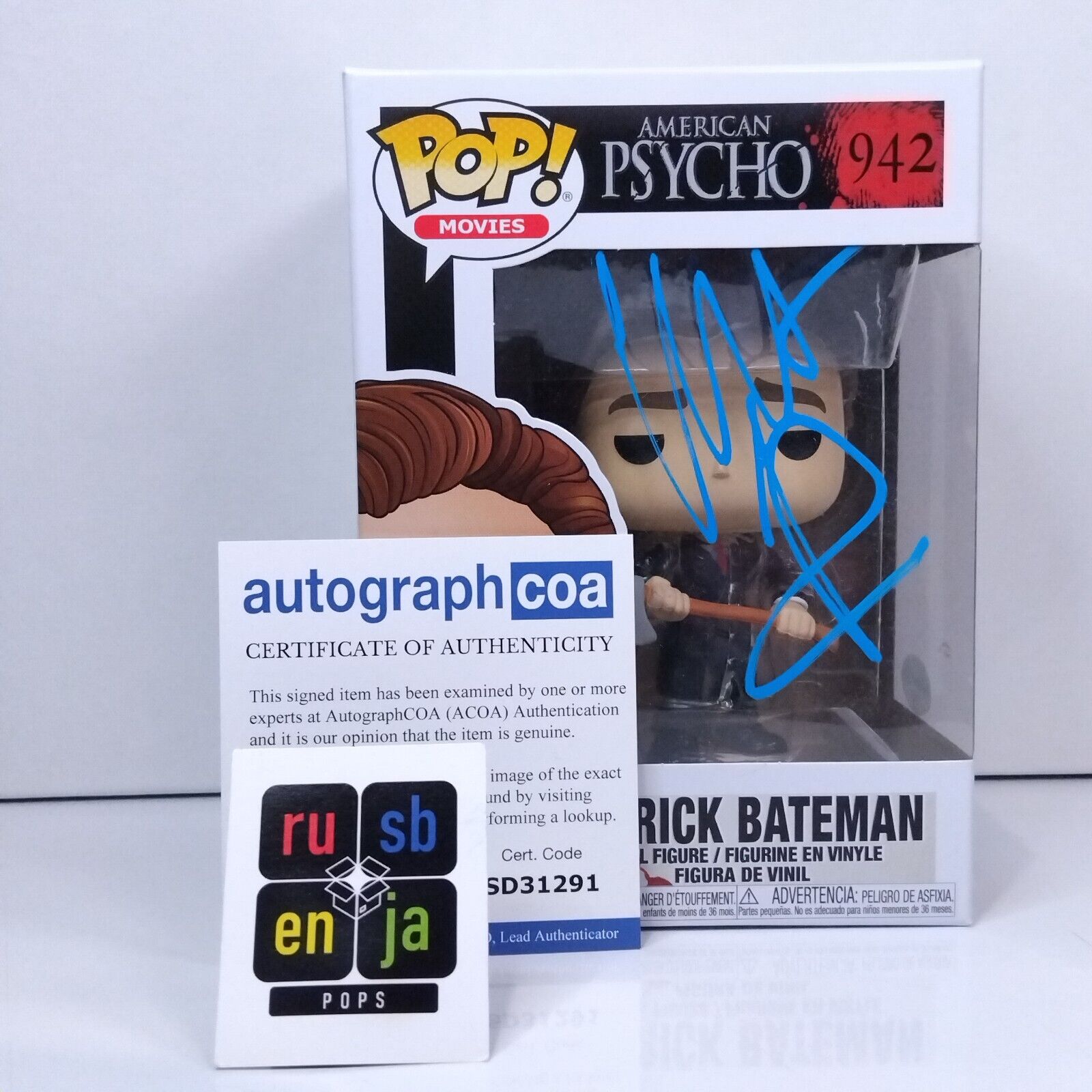 Funko Pop! Movies American Psycho Patrick Bateman Signed Christian Bale #942 WS