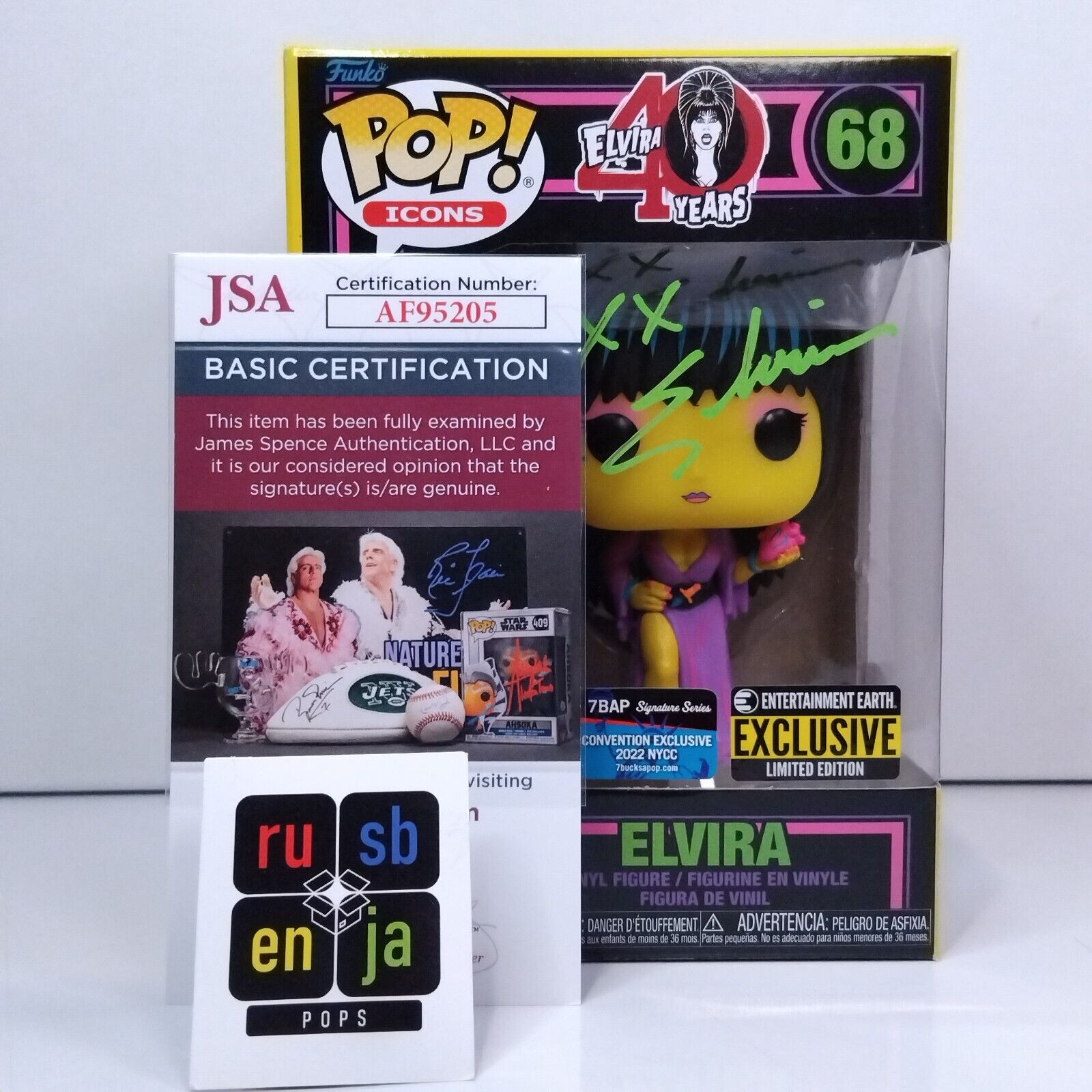 Funko Pop! TV Icons Elvira Mistress of Darkness Blacklight Signed 7BAP COA #68