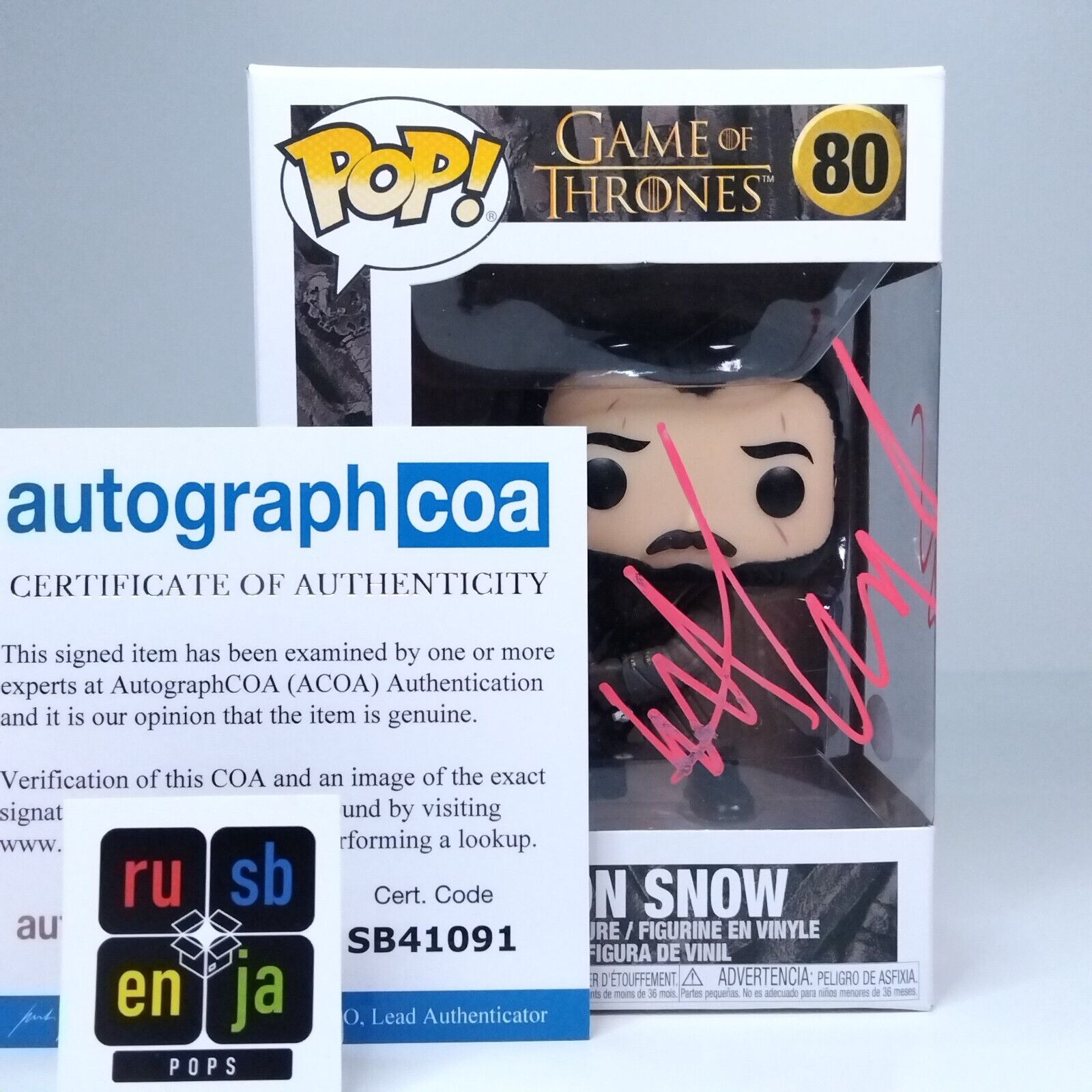 Funko Pop! TV Game of thrones Jon Snow Signed Kit Harington COA #80 WS