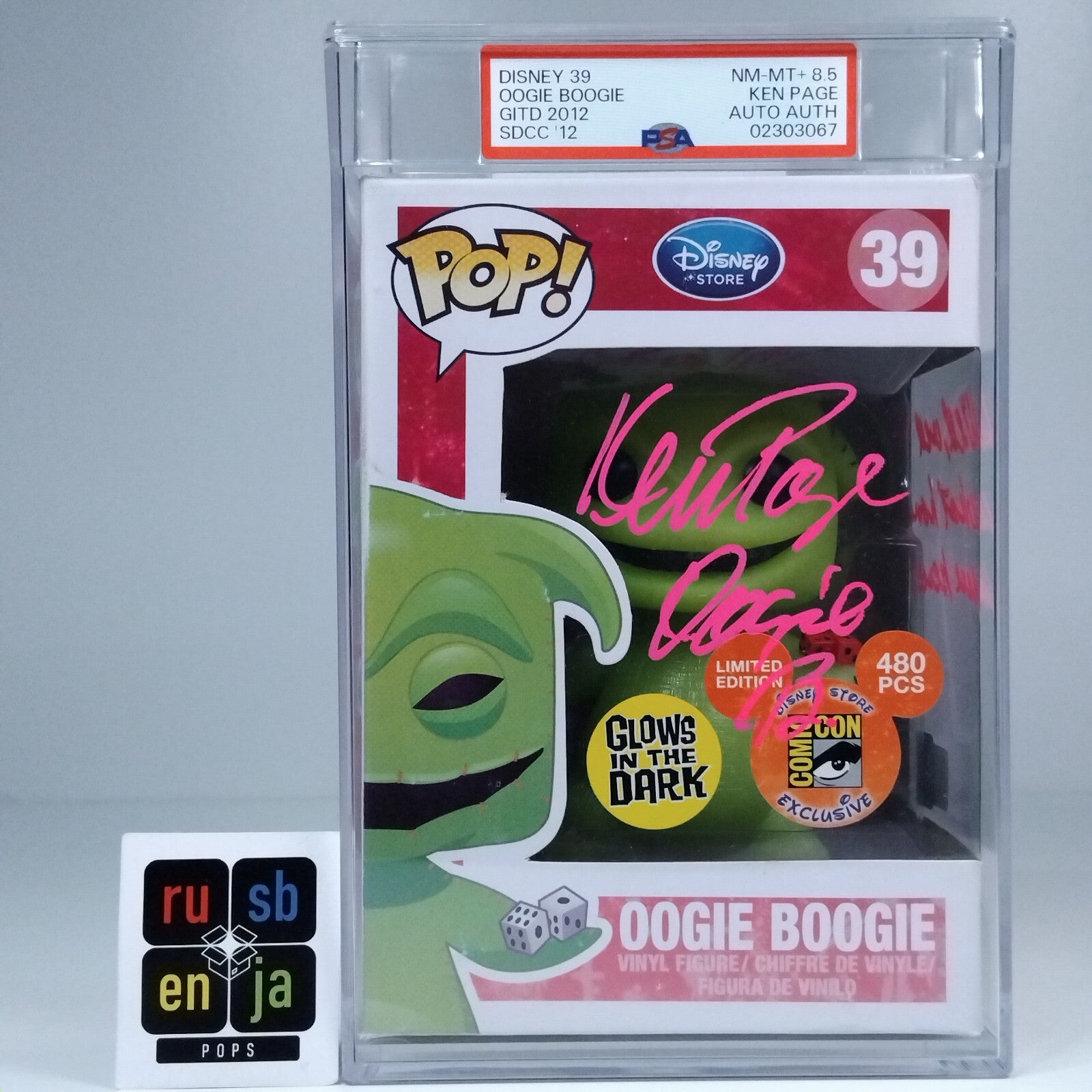 Funko Pop! Disney Oogie Boogie Glows 480 Pcs Signed Ken Page PSA Graded 8.5 #39