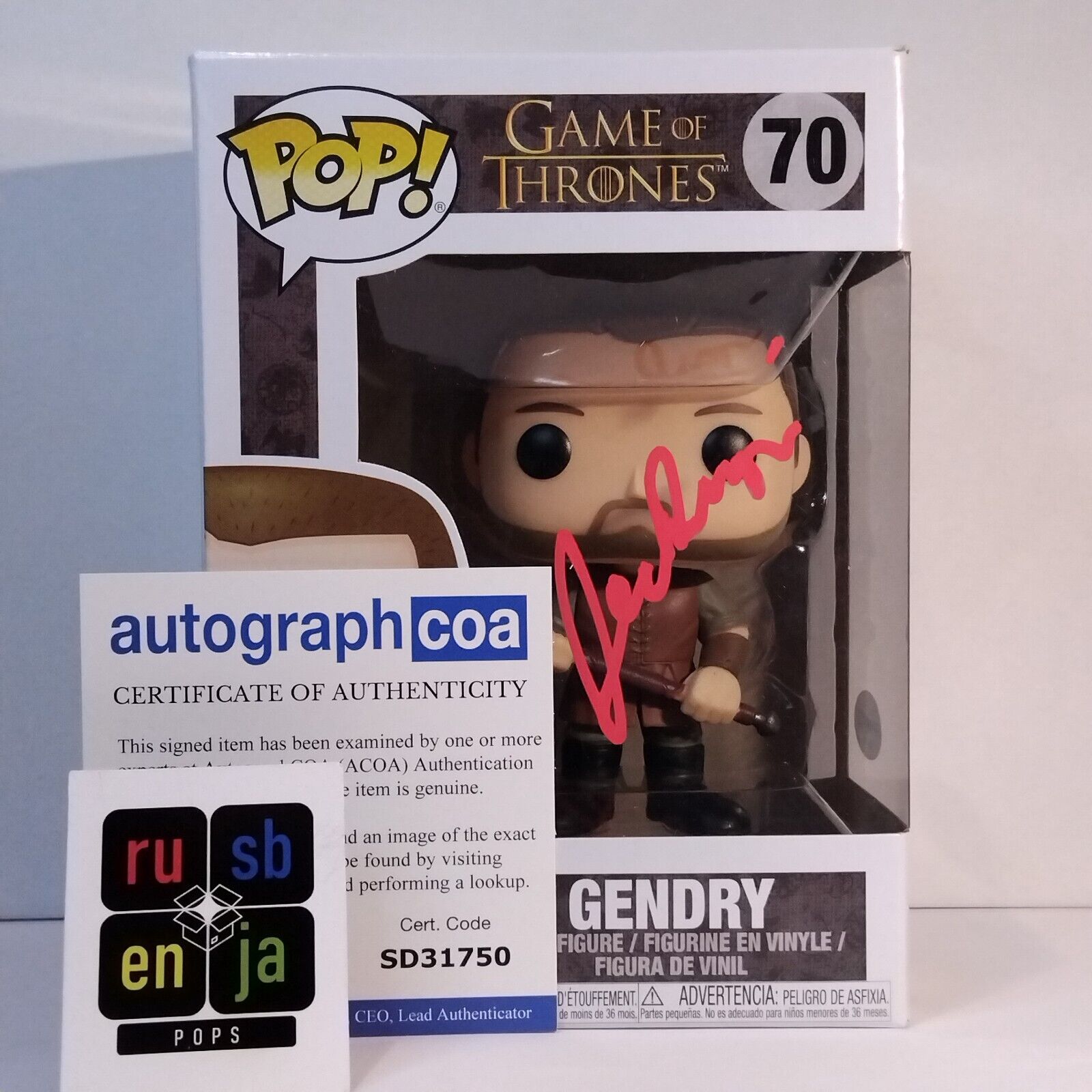 Funko Pop! TV Game of Thrones Gendry Signed Joe Dempsie COA #70 WS